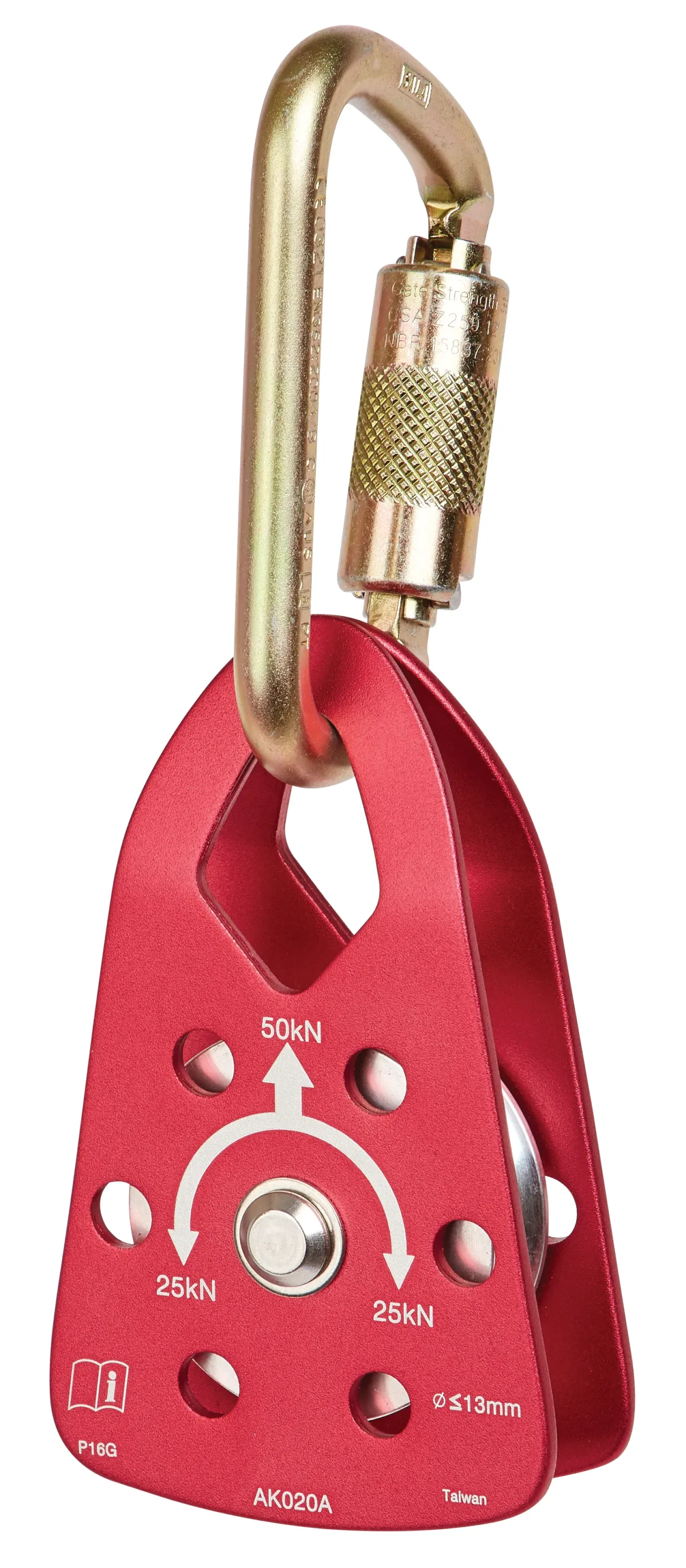 Red climbing pulley with carabiner for safety