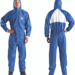 Person wearing blue protective coverall front and back view