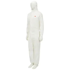 Protective coverall with hood and zipper closure.