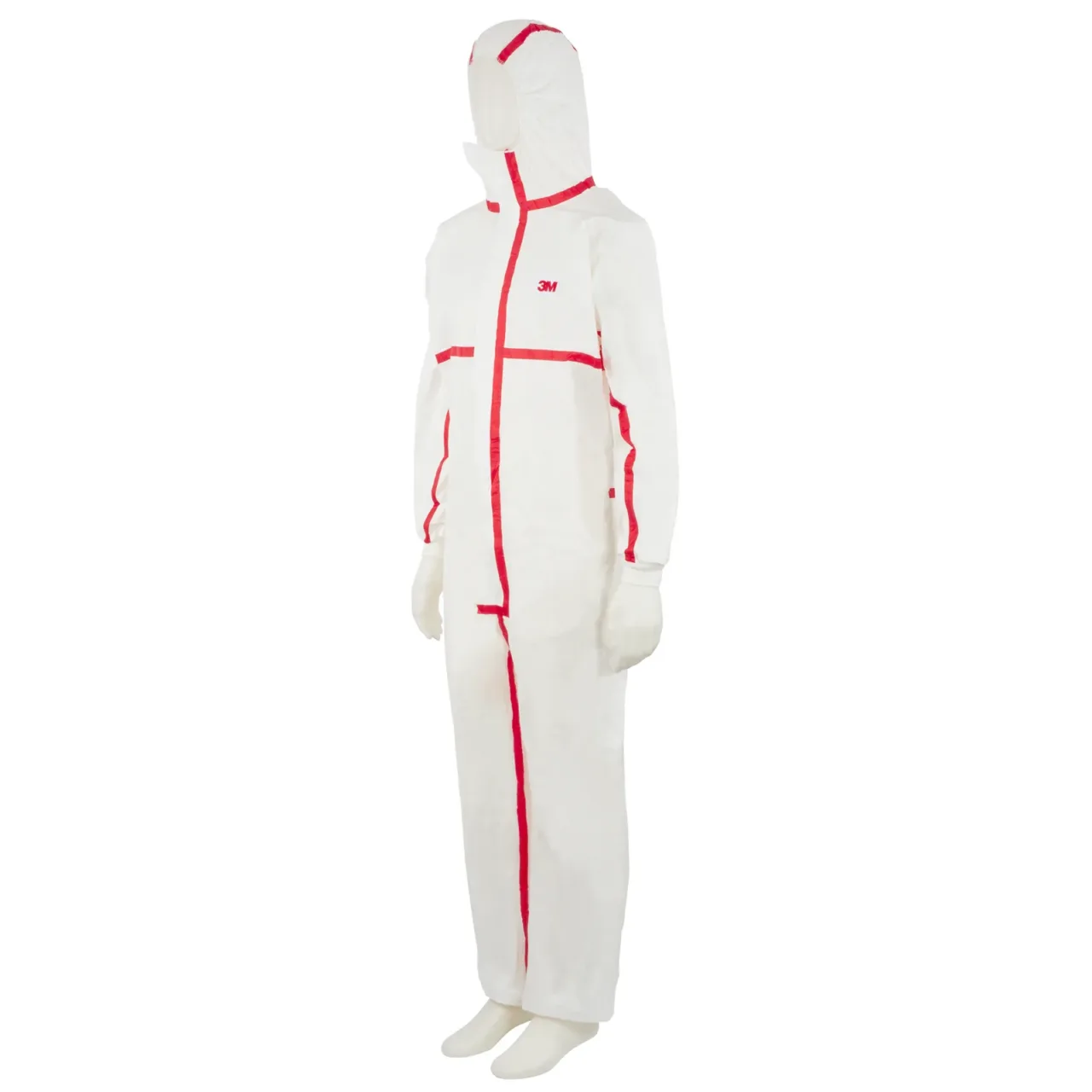 White protective coverall with red seams
