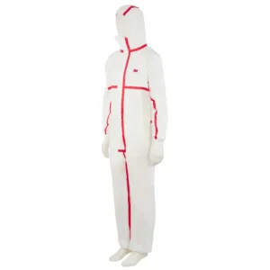 White protective coverall with red seams