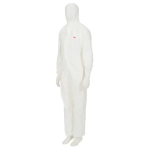 White protective coverall displayed on mannequin.