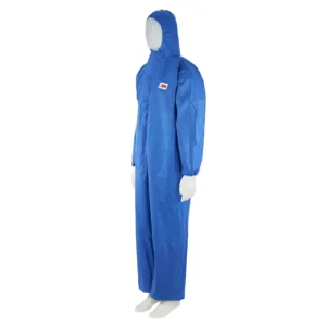 Blue protective coverall with hood.