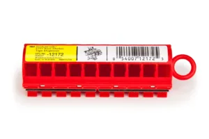 Red wire marker tape dispenser with label