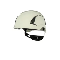 White safety helmet with chin strap