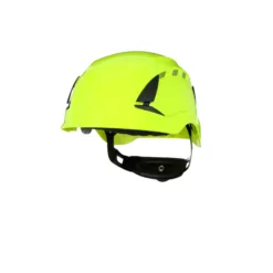 Bright yellow safety helmet on white background.