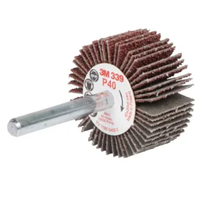 Abrasive flap wheel with spindle, P40 grit.