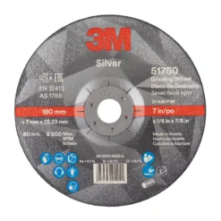 3M™ Silver Depressed Center Grinding Wheel 51750, T27, 180 mm x 7 mm x 22.23 mm, 10/Carton, 20 ea/Case