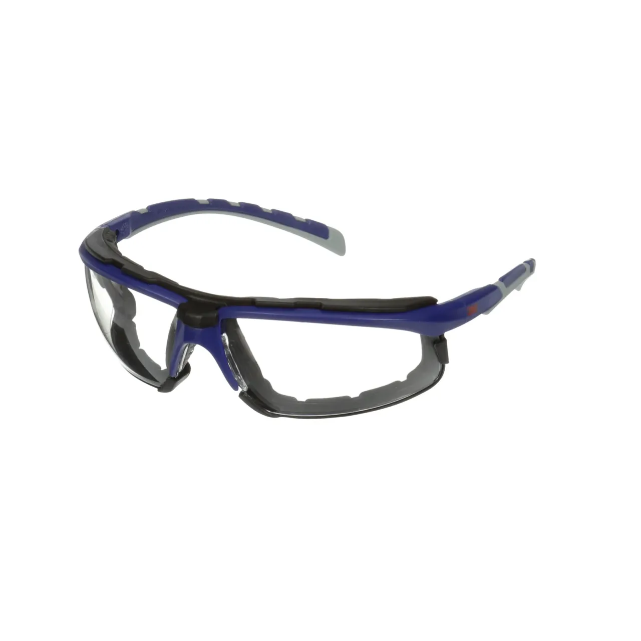 Protective eyewear with blue frame and clear lenses.