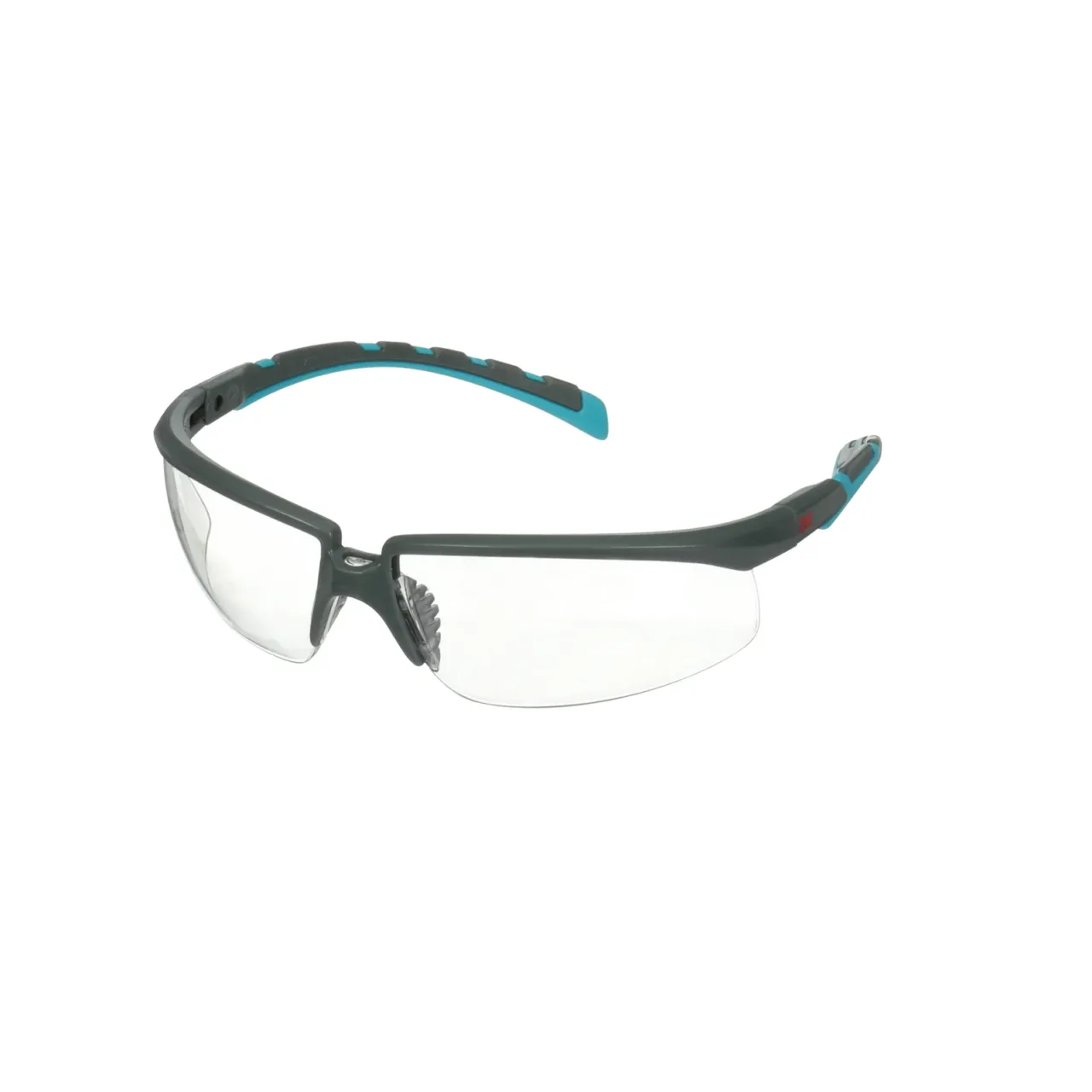 Protective safety glasses with gray and blue frame.