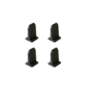 Four black plastic clips on white background
