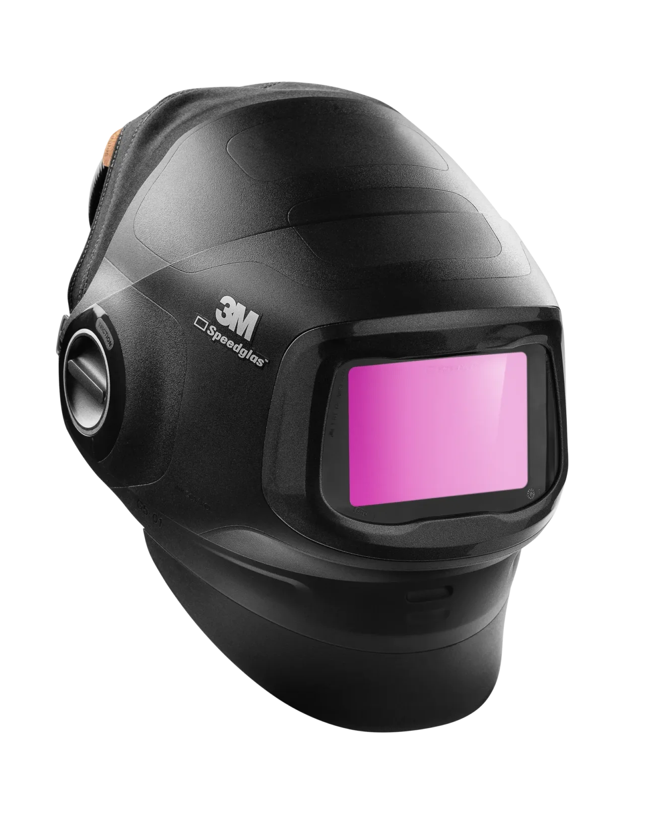 Black modern welding helmet with pink visor.