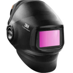 Black modern welding helmet with pink visor.