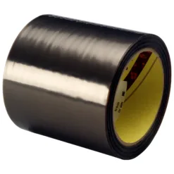 Black industrial adhesive tape roll on white background.