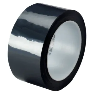 Black adhesive tape roll on white background.