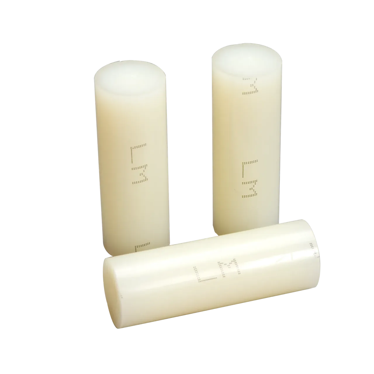 Three white cylindrical rods labeled LM