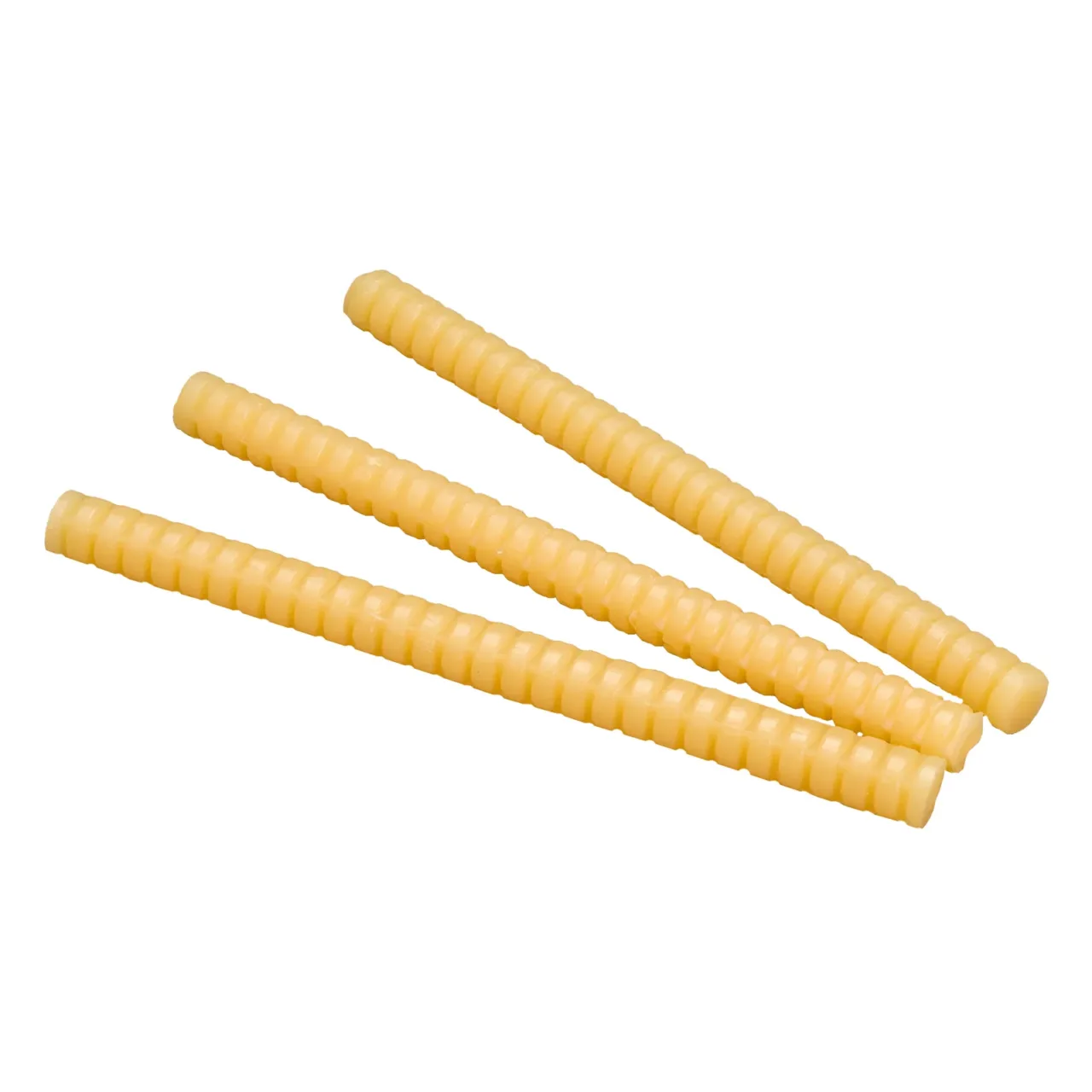Four textured beige rods on white background.
