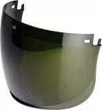 Dark tinted helmet visor for safety gear.