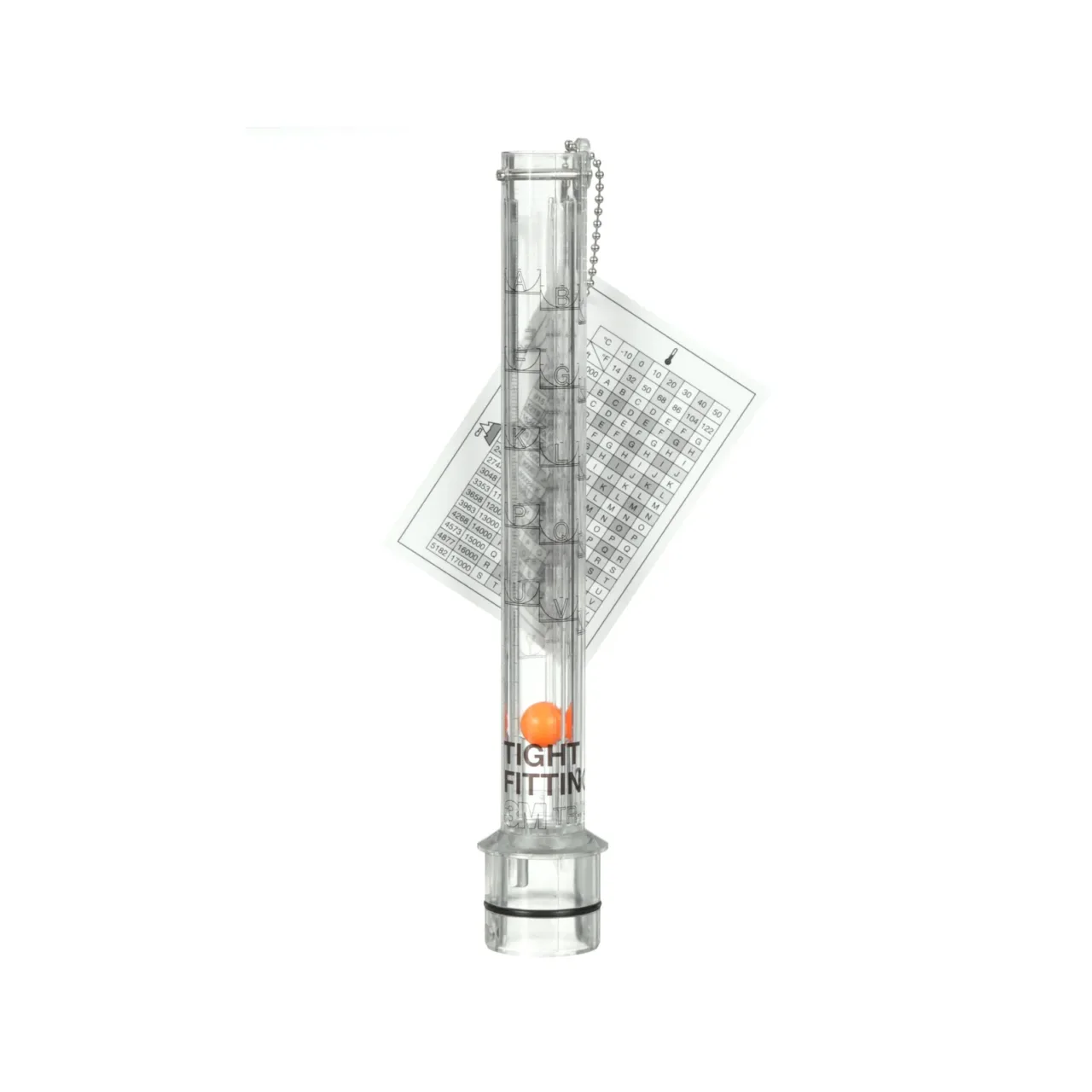 Clear puzzle tube toy with orange ball, background chart.