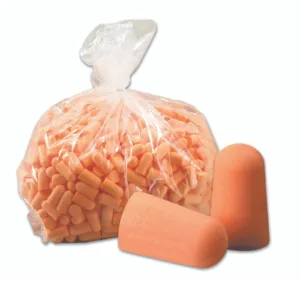 Bag and pair of orange foam earplugs.