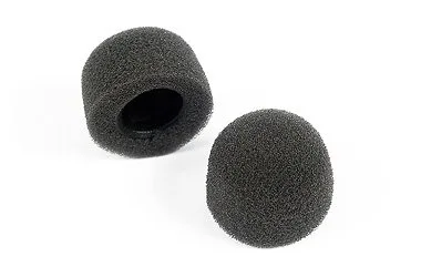 Two black microphone windshields on white background.