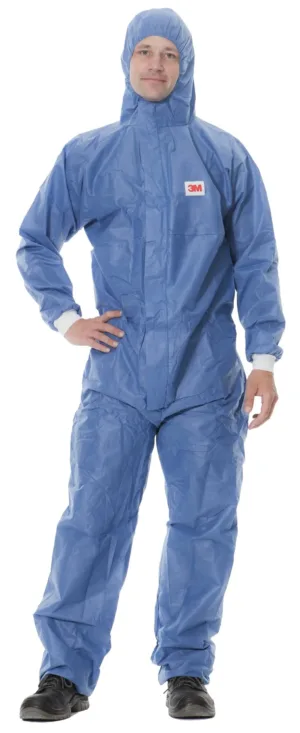 Person wearing blue protective coverall