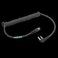 Coiled black electrical cord with connectors