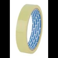Clear adhesive tape roll with blue label inside