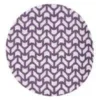 Round purple and white geometric patterned rug.