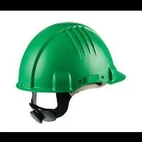 Green safety helmet with adjustable strap.