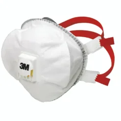 White 3M respirator mask with red straps.