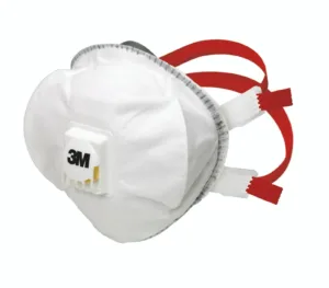 White 3M respirator mask with red straps.