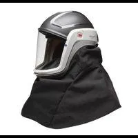 Protective helmet with face shield and neck cover.