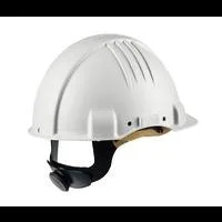 White construction safety helmet with adjustable strap.