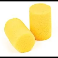 Yellow foam earplugs on white background