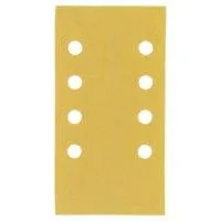 Rectangular yellow sandpaper pad with eight holes.