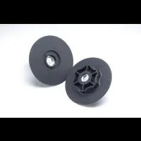 Two black circular plastic wheel parts