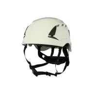 White climbing helmet with black straps.