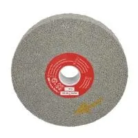 Grey abrasive grinding wheel with red center label