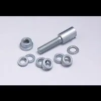 Metal bolt, washers, nut set on white background.