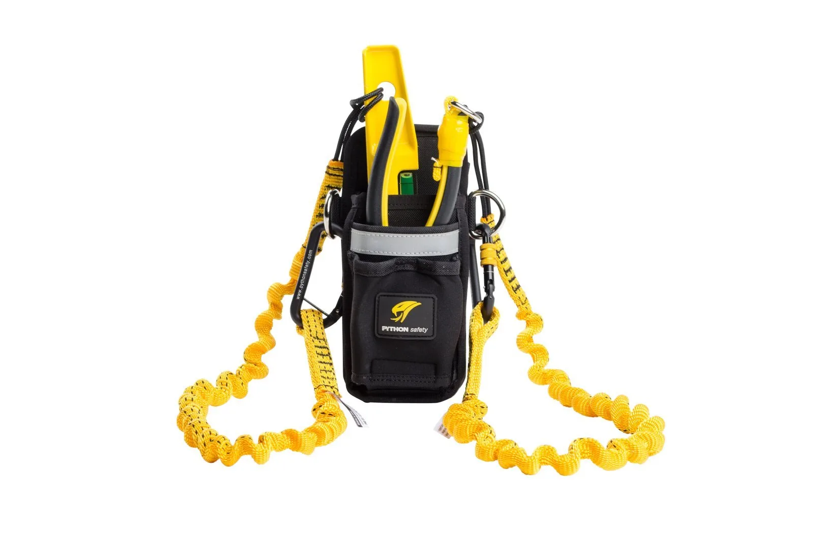 Safety tool harness with yellow lanyards.