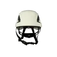 White safety helmet with adjustable strap.