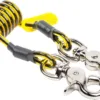 Yellow coiled cable with metal clips