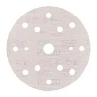 Round sandpaper disc with holes, white background.