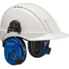 Safety helmet with attached earmuffs.