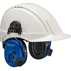 Safety helmet with attached earmuffs.
