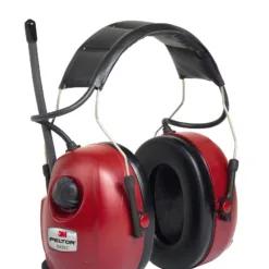 Red Peltor radio earmuffs with black padding.