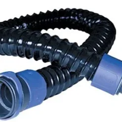 Flexible black corrugated hose with blue connectors.