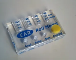E-A-R Roll Model earplug display with size chart.