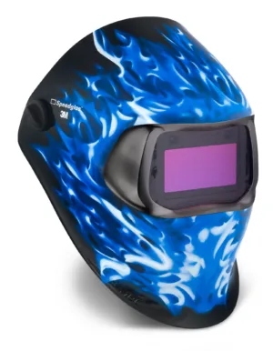 Welding helmet with blue flame design